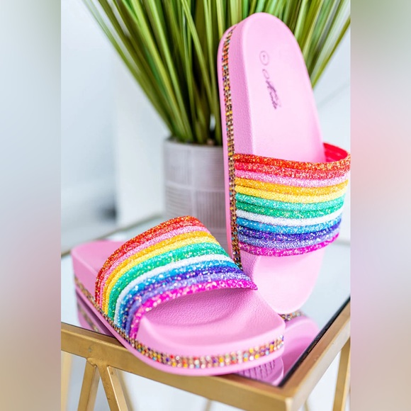 ⭐️EUC - Anina - Pink & Rainbow Sparkle Samdal Slides - Woman's Size 6 - Picture 3 of 10